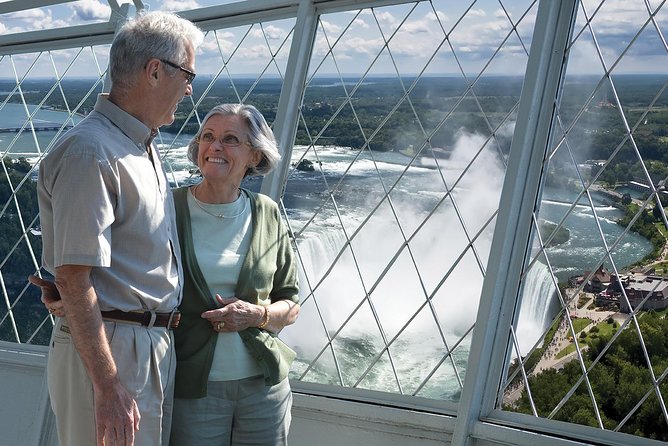 Skylon Tower, Niagara Falls Ontario Observation Deck Admission - Daytime, evening lights, and fireworks