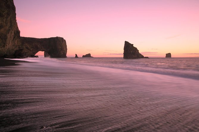 South Coast, Waterfalls and Vík village from Reykjavik - Reynisfjara: black sand, basalt columns, and sea stacks